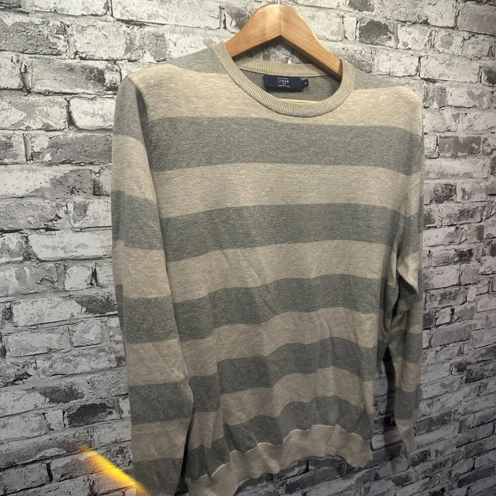 EUC J.Crew Cotton Gray Heathered Strip Long Sleeve Pullover Sweater Size Medium